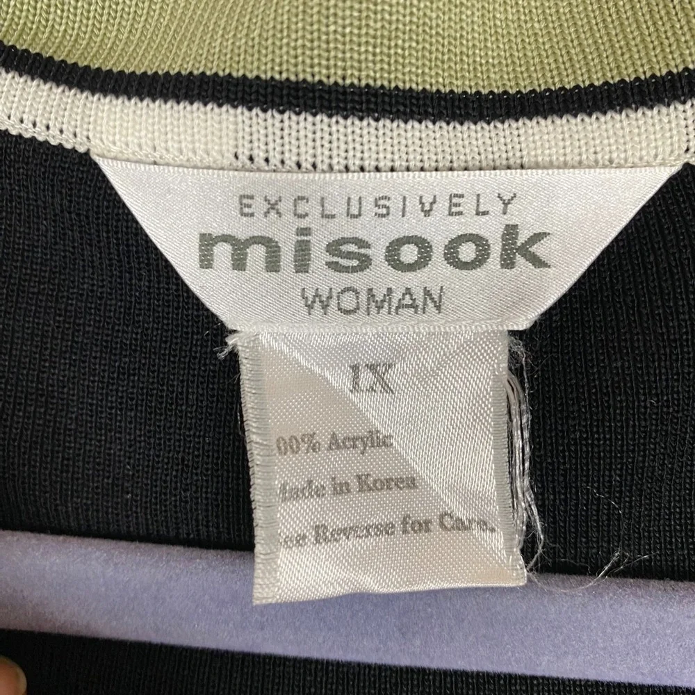 Misook Striped Trim Open Front Knit Cardigan Women 1X Black Sage Green